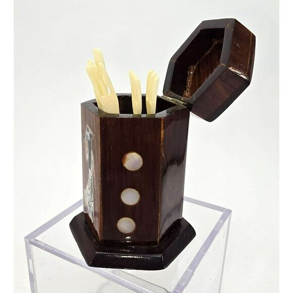 Wooden Toothpick Holder With Mother Of Pearl Inlay & 6 Plastic Fork Picks JE263 - Picture 5 of 6